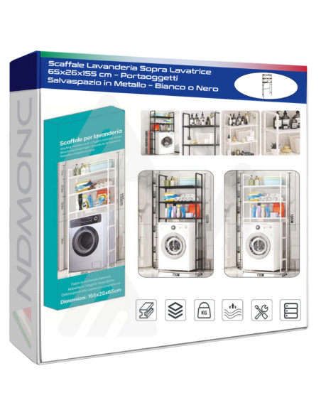 Scaffale Lavanderia Sopra Lavatrice 65x26x155 cm – Portaoggetti Salvaspazio in Metallo – Bianco o Nero