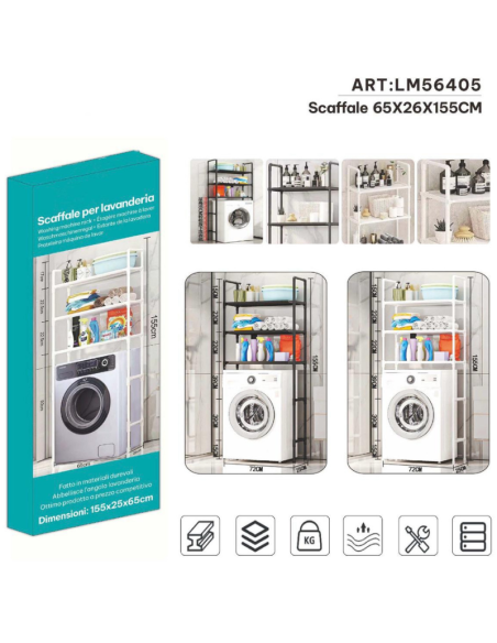 Scaffale Lavanderia Sopra Lavatrice 65x26x155 cm – Portaoggetti Salvaspazio in Metallo – Bianco o Nero