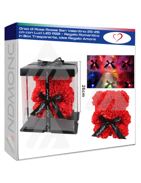Orso di Rose Rosse San Valentino 25–26 cm con Luci LED RGB – Regalo Romantico in Box Trasparente, Idee Regalo Amore
