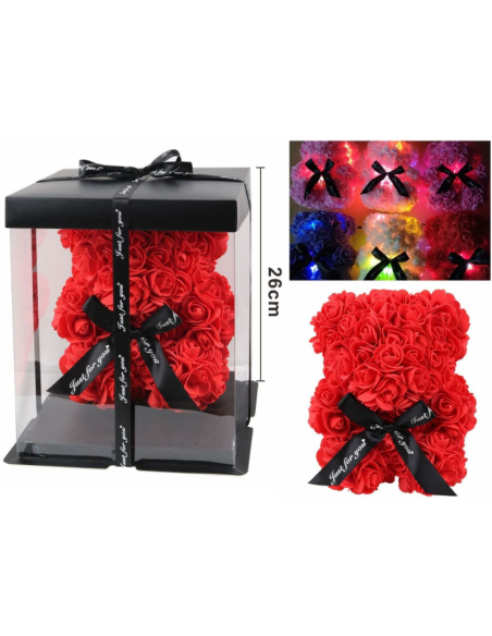 Orso di Rose Rosse San Valentino 25–26 cm con Luci LED RGB – Regalo Romantico in Box Trasparente, Idee Regalo Amore