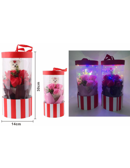 Cilindro Regalo con Orsetto e Rose Artificiali – Box Trasparente con Luci LED, Colori Rosa o Rosso, Idea Regalo 30 cm