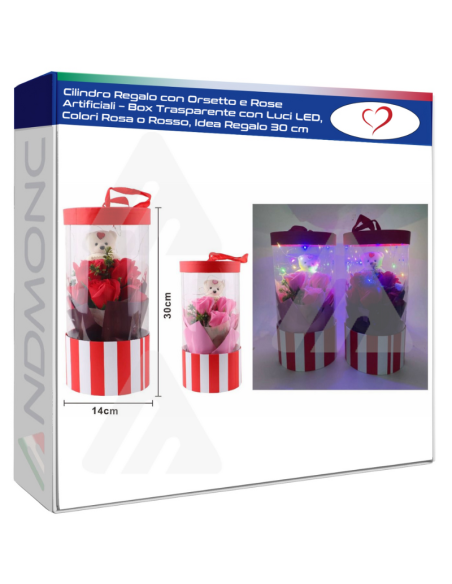 Cilindro Regalo con Orsetto e Rose Artificiali – Box Trasparente con Luci LED, Colori Rosa o Rosso, Idea Regalo 30 cm