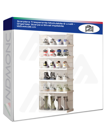 Scarpiera Trasparente Modulabile 6 Livelli – Organizer Scarpe e Stivali Impilabile 122x44x35 cm