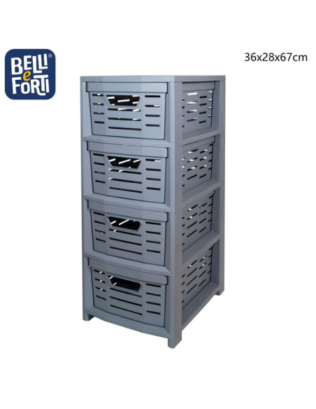Cassettiera in Plastica Grigia 4 Cassetti Bell e Forti – Mobiletto Salvaspazio Impilabile 36x28x67 cm