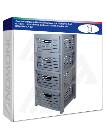 Cassettiera in Plastica Grigia 4 Cassetti Bell e Forti – Mobiletto Salvaspazio Impilabile 36x28x67 cm