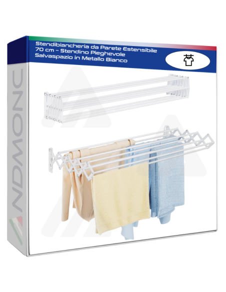 Stendibiancheria da Parete Estensibile 70 cm – Stendino Pieghevole Salvaspazio in Metallo Bianco