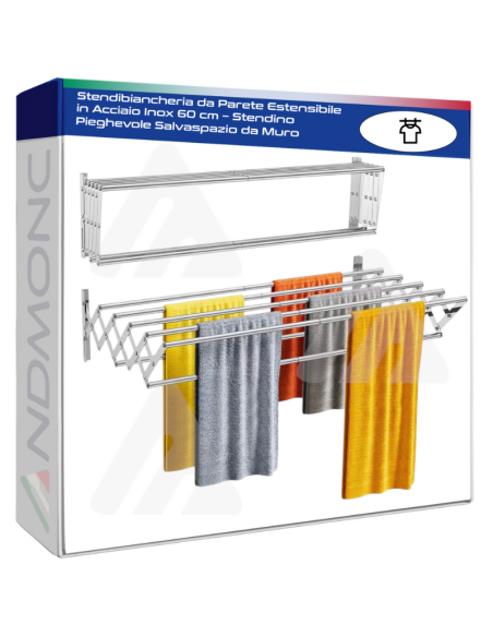 Stendibiancheria da Parete Estensibile in Acciaio Inox 60 cm – Stendino Pieghevole Salvaspazio da Muro