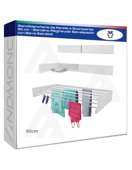Stendibiancheria da Parete a Scomparsa 80 cm – Stendino Pieghevole Salvaspazio con Barre Estraibili
