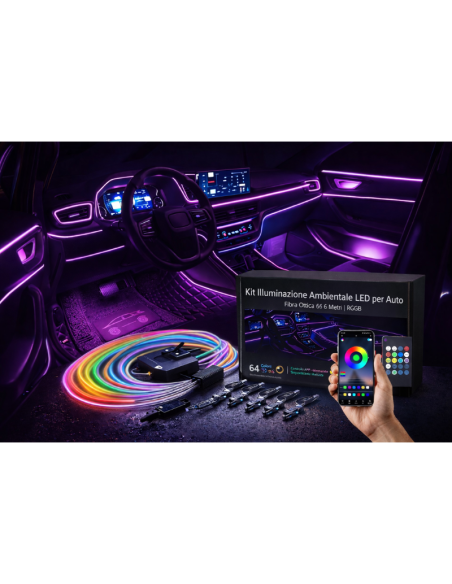 Kit di Illuminazione Ambientale per Auto 6m Fibra Ottica 64 Colori