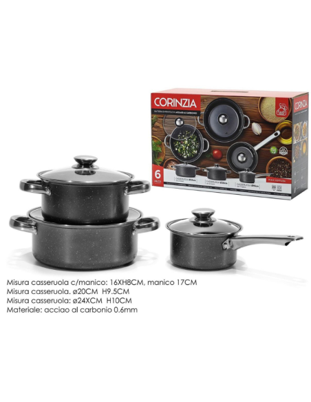 Batteria di Pentole 6 Pezzi in Acciaio al Carbonio – Set Casseruole con Coperchi, Rivestimento Antiaderente, Induzione e Gas