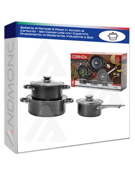 Batteria di Pentole 6 Pezzi in Acciaio al Carbonio – Set Casseruole con Coperchi, Rivestimento Antiaderente, Induzione e Gas