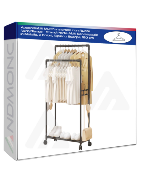 Appendiabiti Multifunzionale con Ruote NeroBianco – Stand Porta Abiti Salvaspazio in Metallo, 2 Colori, Ripiano Scarpe, 120 cm