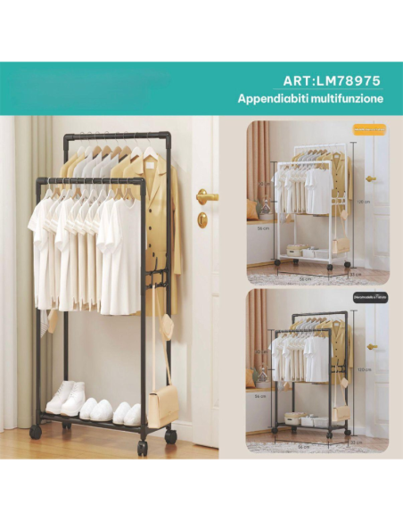 Appendiabiti Multifunzionale con Ruote NeroBianco – Stand Porta Abiti Salvaspazio in Metallo, 2 Colori, Ripiano Scarpe, 120 cm