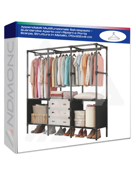 Appendiabiti Multifunzionale Salvaspazio – Guardaroba Aperto con Ripiani e Porta Scarpe, Struttura in Metallo, 170x122x41 cm