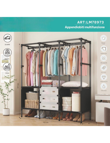 Appendiabiti Multifunzionale Salvaspazio – Guardaroba Aperto con Ripiani e Porta Scarpe, Struttura in Metallo, 170x122x41 cm
