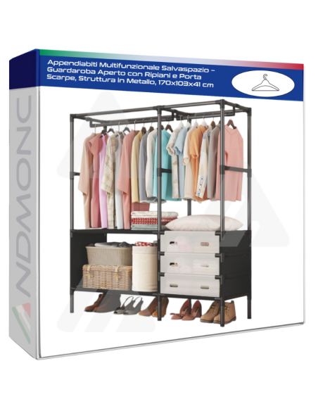 Appendiabiti Multifunzionale Salvaspazio – Guardaroba Aperto con Ripiani e Porta Scarpe, Struttura in Metallo, 170x103x41 cm