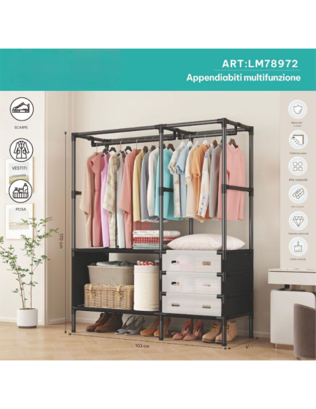 Appendiabiti Multifunzionale Salvaspazio – Guardaroba Aperto con Ripiani e Porta Scarpe, Struttura in Metallo, 170x103x41 cm