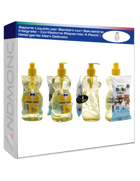 Sapone Liquido per Bambini con Salviettine Integrate – Confezione Risparmio 4 Pezzi | Detergente Mani Delicato