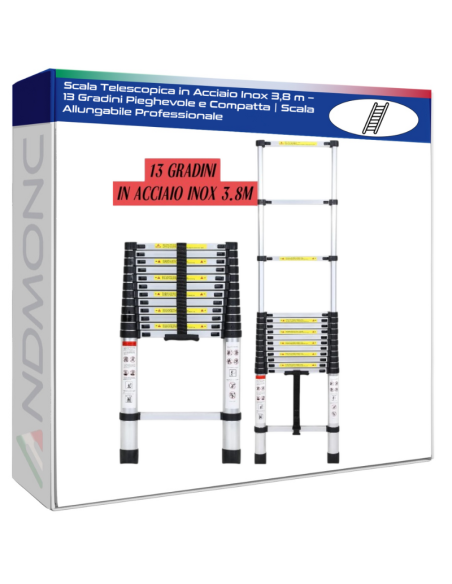 Scala Telescopica in Acciaio Inox 3,8 m – 13 Gradini Pieghevole e Compatta | Scala Allungabile Professionale