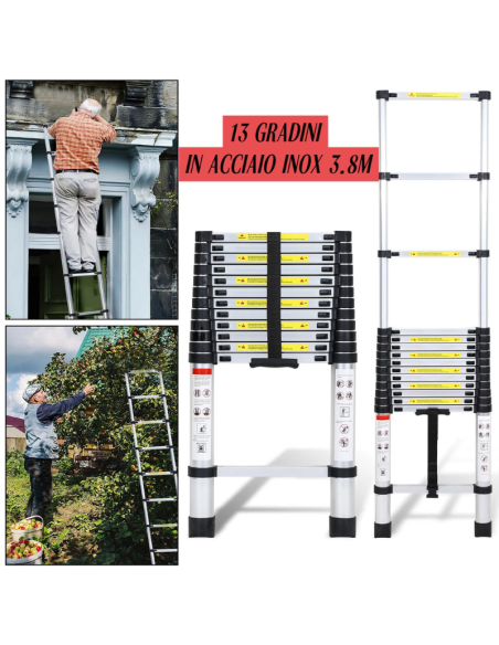 Scala Telescopica in Acciaio Inox 3,8 m – 13 Gradini Pieghevole e Compatta | Scala Allungabile Professionale
