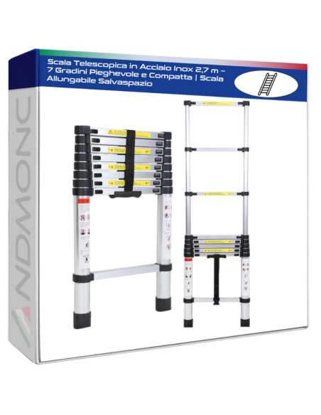 Scala Telescopica in Acciaio Inox 2,7 m – 7 Gradini Pieghevole e Compatta | Scala Allungabile Salvaspazio