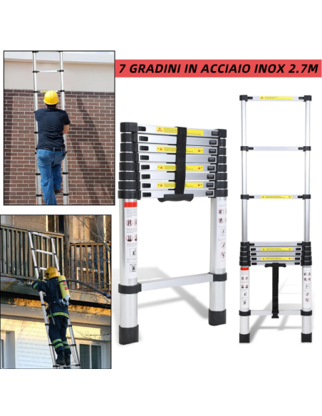 Scala Telescopica in Acciaio Inox 2,7 m – 7 Gradini Pieghevole e Compatta | Scala Allungabile Salvaspazio