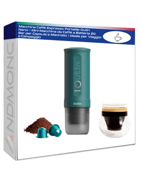 Macchina Caffè Espresso Portatile OutIn Nano – Mini Macchina da Caffè a Batteria 20 Bar per Capsule e Macinato