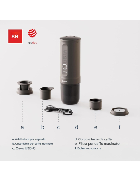 Macchina Caffè Espresso Portatile OutIn Nano – Mini Macchina da Caffè a Batteria 20 Bar per Capsule e Macinato