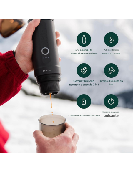 Macchina Caffè Espresso Portatile OutIn Nano – Mini Macchina da Caffè a Batteria 20 Bar per Capsule e Macinato