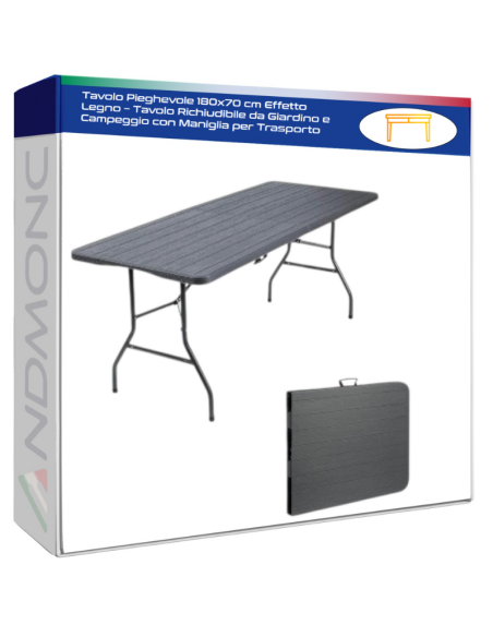 Tavolo Pieghevole 180x70 cm Effetto Legno – Tavolo Richiudibile da Giardino e Campeggio con Maniglia per Trasporto