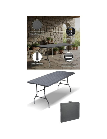 Tavolo Pieghevole 180x70 cm Effetto Legno – Tavolo Richiudibile da Giardino e Campeggio con Maniglia per Trasporto