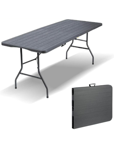 Tavolo Pieghevole 180x70 cm Effetto Legno – Tavolo Richiudibile da Giardino e Campeggio con Maniglia per Trasporto