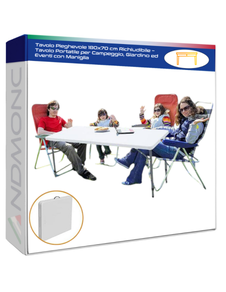Tavolo Pieghevole 180x70 cm Richiudibile – Tavolo Portatile per Campeggio, Giardino ed Eventi con Maniglia