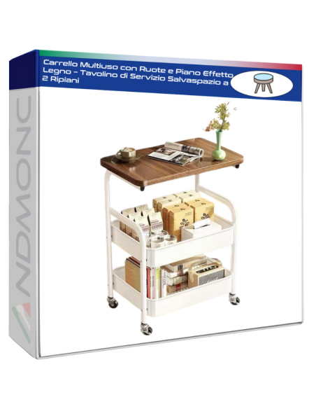 Carrello Multiuso con Ruote e Piano Effetto Legno – Tavolino di Servizio Salvaspazio a 2 Ripiani