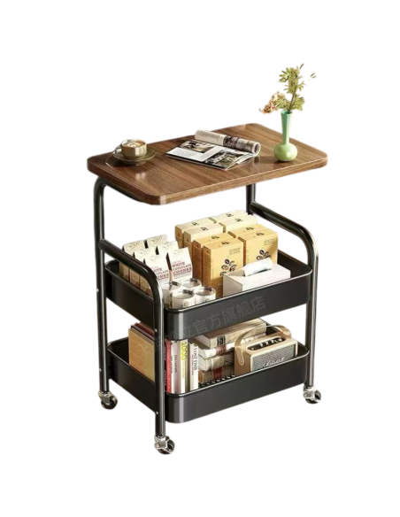 Carrello Multiuso con Ruote Nero e Piano Effetto Legno – Tavolino di Servizio a 2 Ripiani Salvaspazio