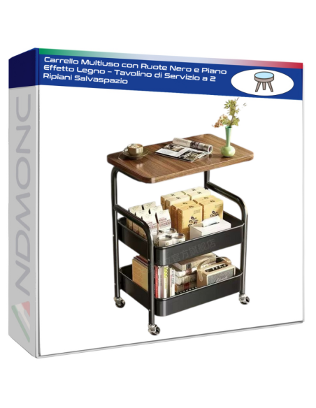 Carrello Multiuso con Ruote Nero e Piano Effetto Legno – Tavolino di Servizio a 2 Ripiani Salvaspazio