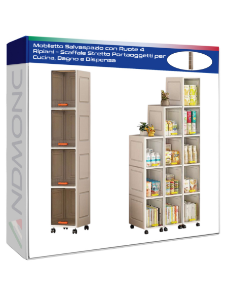 Mobiletto Salvaspazio con Ruote 4 Ripiani – Scaffale Stretto Portaoggetti per Cucina, Bagno e Dispensa