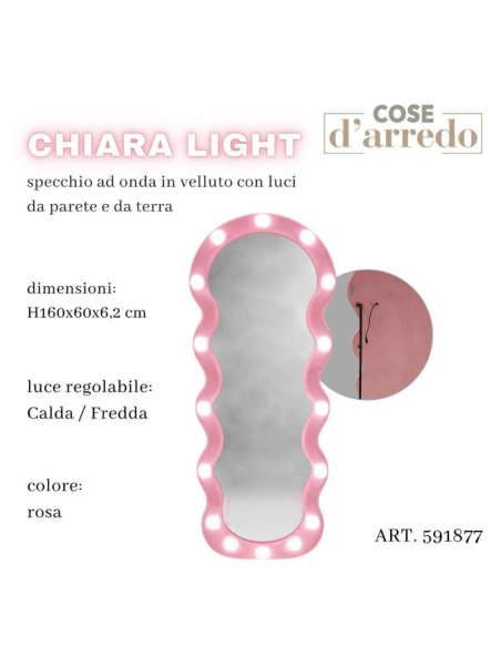 Specchio da Terra e Parete Ondulato in Velluto Rosa con Luci LED Regolabili Calda/Fredda 160x60 cm – Chiara Light