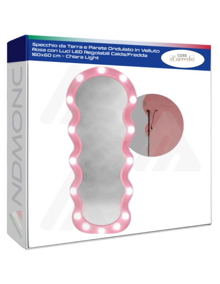 Specchio da Terra e Parete Ondulato in Velluto Rosa con Luci LED Regolabili Calda/Fredda 160x60 cm – Chiara Light