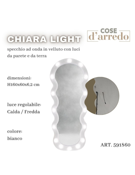 Specchio da Terra e Parete Ondulato in Velluto Bianco con Luci LED Regolabili CaldaFredda 160x60 cm – Chiara Light
