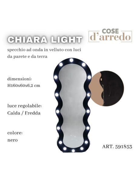 Specchio da Terra e Parete Ondulato in Velluto Nero con Luci LED Regolabili CaldaFredda 160x60 cm – Chiara Light
