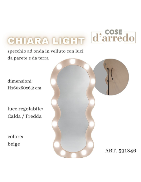 Specchio da Terra e Parete Ondulato in Velluto Beige con Luci LED Regolabili CaldaFredda 160x60 cm – Chiara Light
