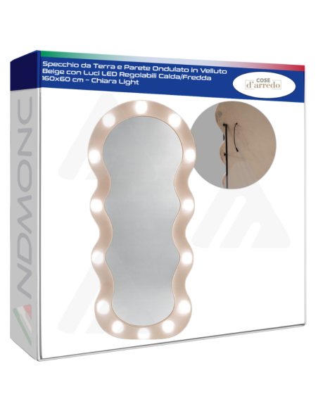 Specchio da Terra e Parete Ondulato in Velluto Beige con Luci LED Regolabili CaldaFredda 160x60 cm – Chiara Light