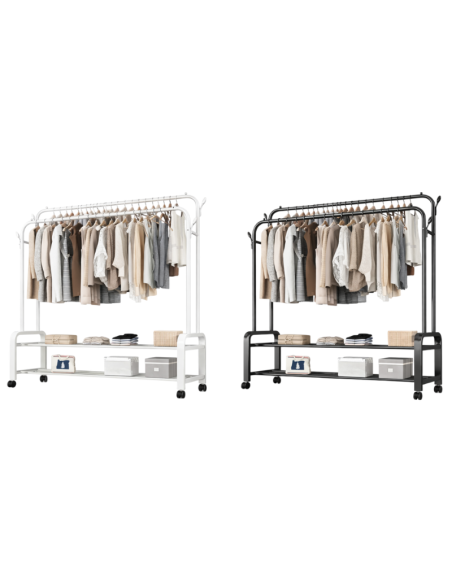 Attaccapanni Appendiabiti Doppio in Ferro con Ruote 150x45x162 cm Bianco/Nero – Stand Porta Abiti Robusto e Salvaspazio