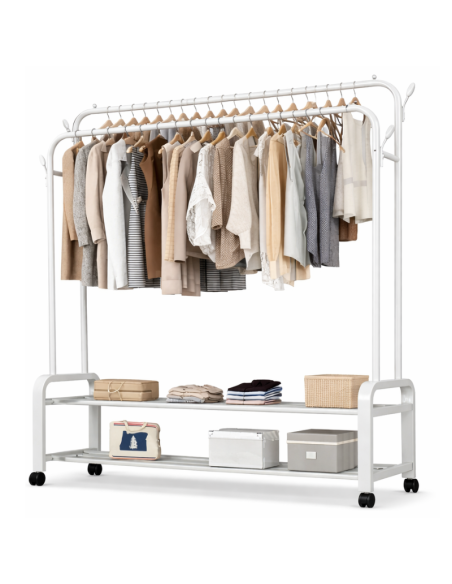 Attaccapanni Appendiabiti Doppio in Ferro con Ruote 150x45x162 cm Bianco/Nero – Stand Porta Abiti Robusto e Salvaspazio