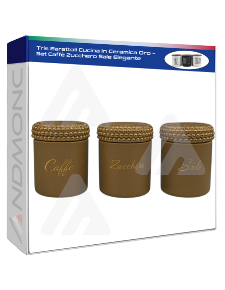 Tris Barattoli Cucina in Ceramica Oro – Set Caffè Zucchero Sale Elegante