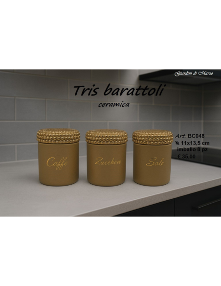 Tris Barattoli Cucina in Ceramica Oro – Set Caffè Zucchero Sale Elegante
