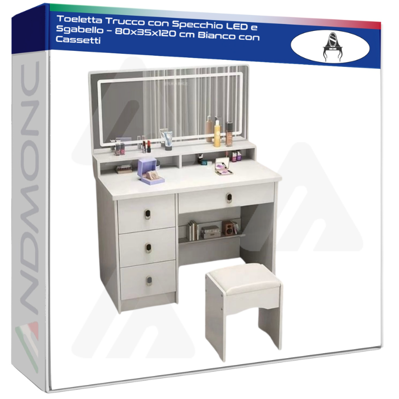 Toeletta Trucco con Specchio LED e Sgabello –...