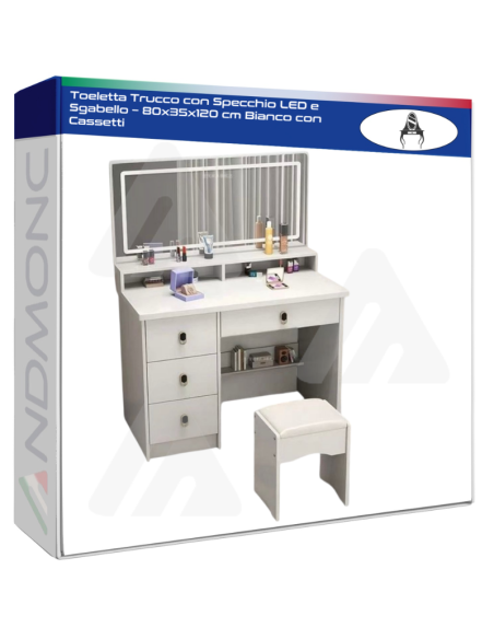 Toeletta Trucco con Specchio LED e Sgabello – 80x35x120 cm Bianco con Cassetti