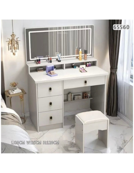 Toeletta Trucco con Specchio LED e Sgabello – 80x35x120 cm Bianco con Cassetti
